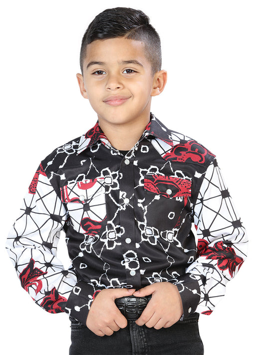 Camisa Vaquera de Niño El Señor de los Cielos Manga Larga Casual en 97% Poliéster 3% Lycra Color Blanco/Café 44094
