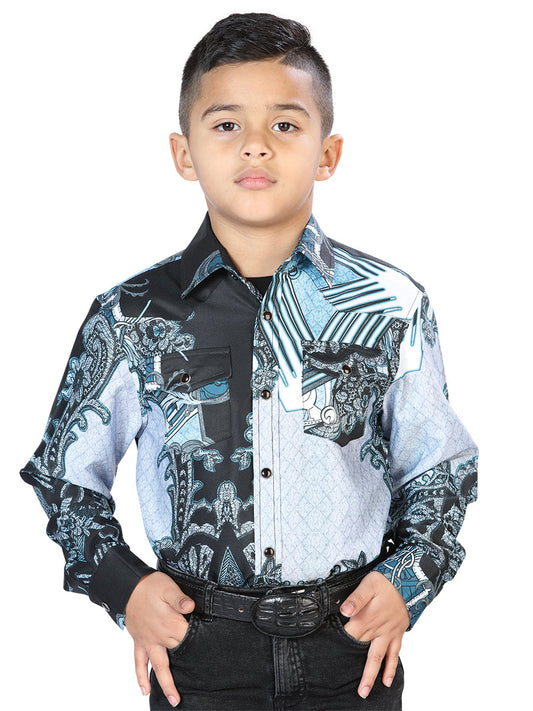 Camisa Vaquera de Niño El Señor de los Cielos Manga Larga Casual en 97% Poliéster 3% Lycra Color Negro/Gris 44096