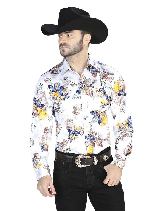 Camisa Vaquera de Hombre El Señor de los Cielos Manga Larga Broche Casual en 97% Poliéster 3% Lycra Color Blanco/Azul 44097
