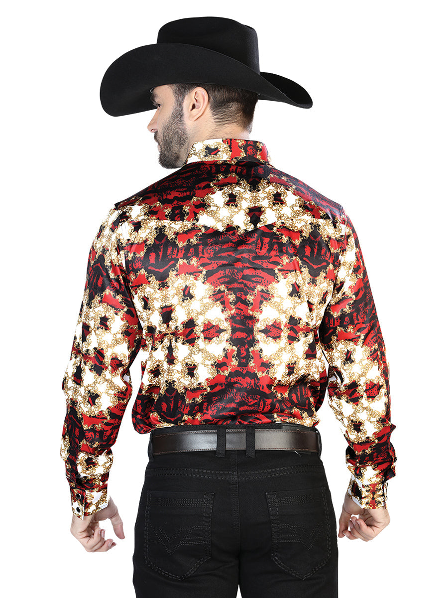 Camisa Manga Larga BorgoñA Y Dorado Casual Manga Larga