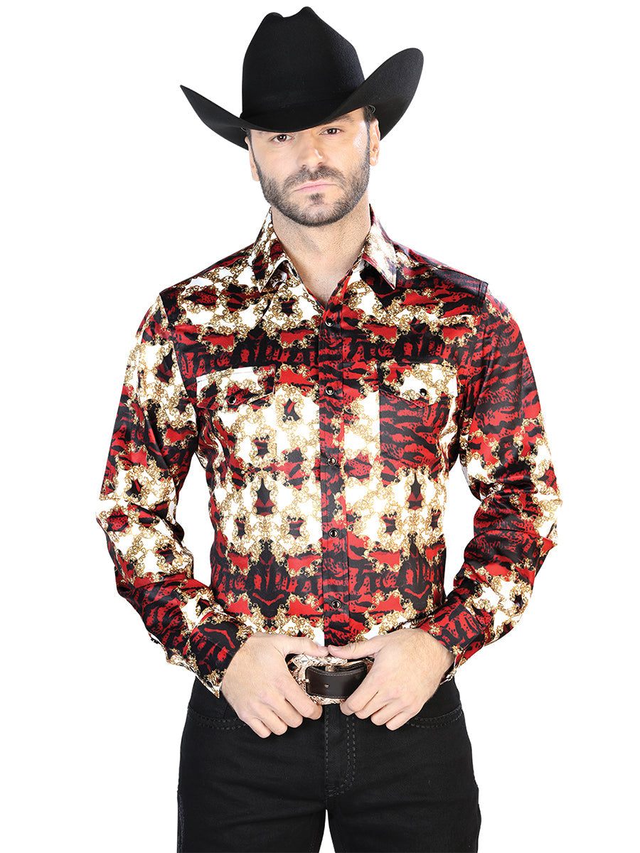 Camisa Manga Larga BorgoñA Y Dorado Casual Manga Larga
