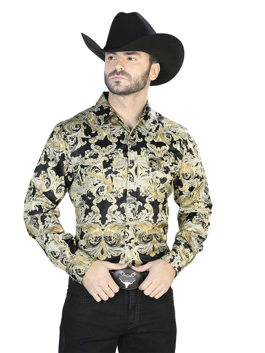Camisa Vaquera de Hombre El Señor de los Cielos Manga Larga Casual en 97% Poliéster 3% Lycra Color Dorado/Negro 44106