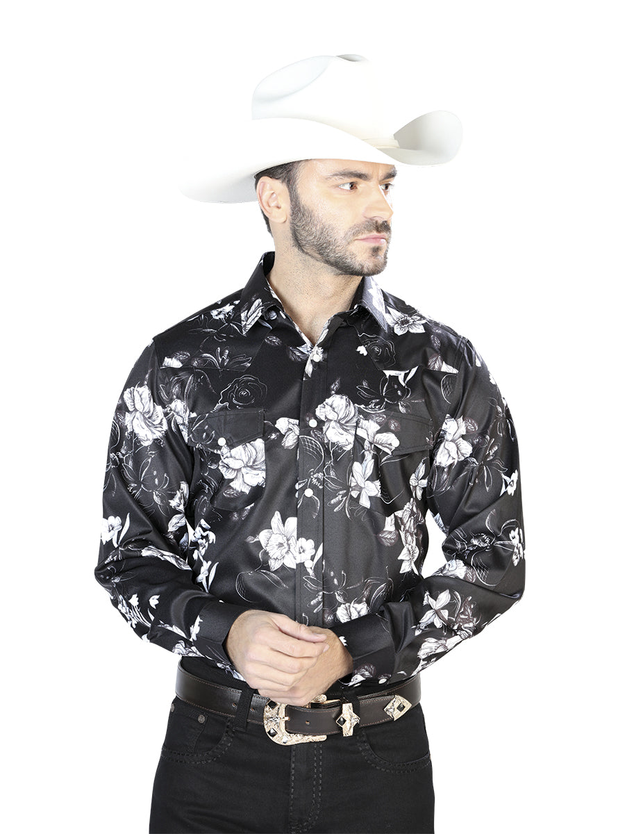 Camisa Manga Larga Negro Blanco Estampado Casual Manga Larga