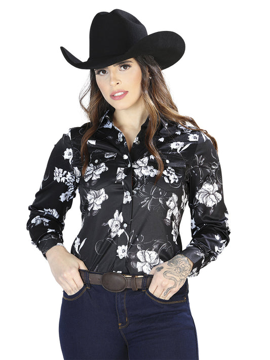 Camisa Vaquera de Mujer El Señor de los Cielos Manga Larga Casual en 97% Poliéster 3% Lycra Color Negro/Blanco 44110