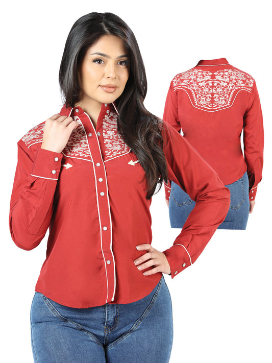Camisa Vaquera de Mujer El Señor de los Cielos Manga Larga Bordada en 65% Poliéster 35% Algodón Color Vino 44184