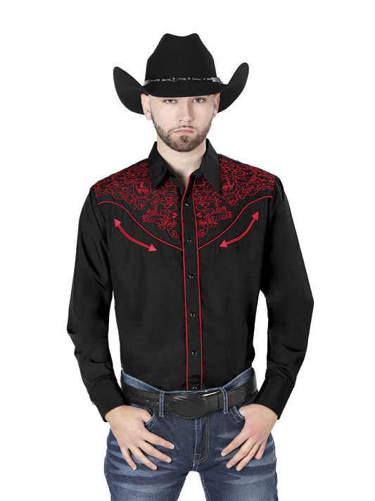 Camisa Vaquera de Hombre El Señor de los Cielos Manga Larga Bordada Casual en 65% Poliéster 35% Algodón Color Negro/Rojo 44187