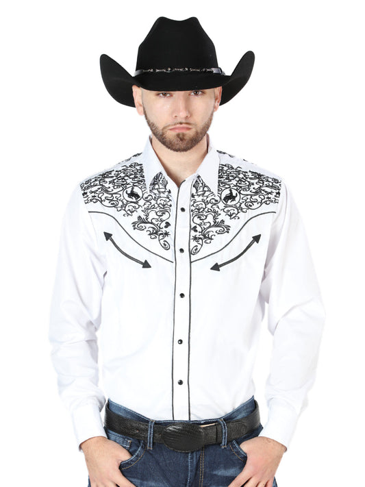 Camisa Vaquera de Hombre El Señor de los Cielos Manga Larga Bordada Casual en 65% Poliéster 35% Algodón Color Blanco/Negro 44188