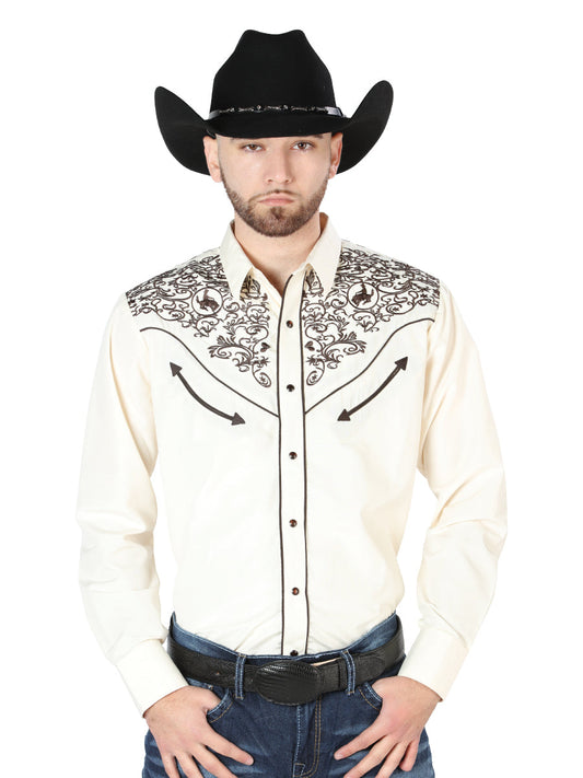 Camisa Vaquera de Hombre El Señor de los Cielos Manga Larga Bordada Casual en 65% Poliéster 35% Algodón Color Beige/Negro 44189