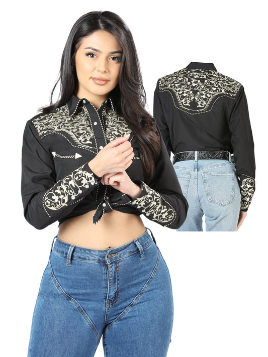 Camisa Vaquera de Mujer El Señor de los Cielos Manga Larga Bordada en 65% Poliéster 35% Algodón Color Negro 44190