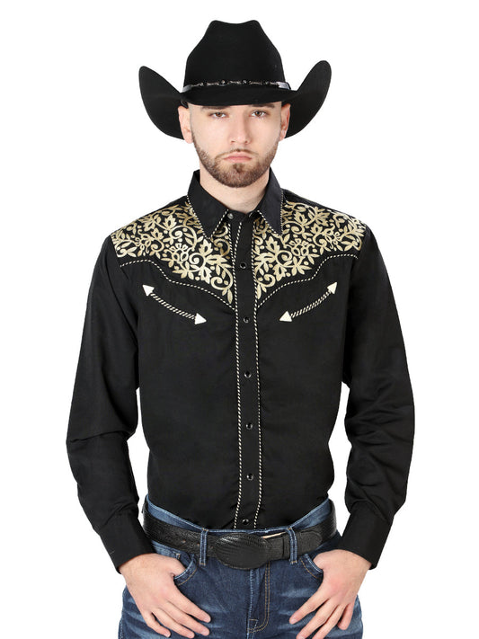 Camisa Vaquera de Hombre El Señor de los Cielos Manga Larga Bordada Casual en 65% Poliéster 35% Algodón Color Negro/Dorado 44192