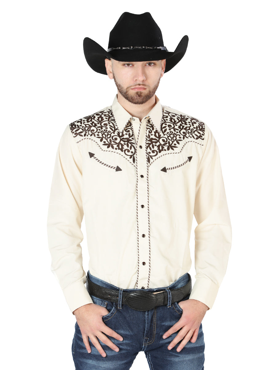 Camisa Manga Larga El General Bordado Vaquero Beige/Negro