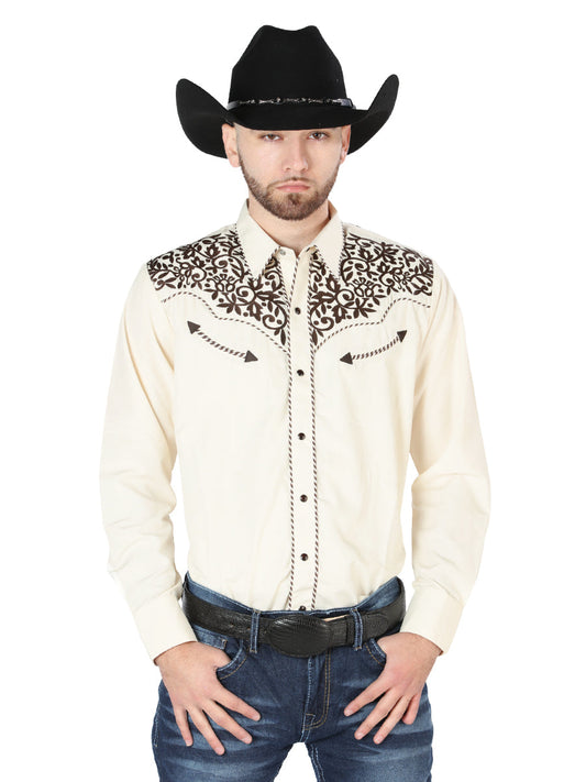 Camisa Vaquera de Hombre El Señor de los Cielos Manga Larga Bordada Casual en 65% Poliéster 35% Algodón Color Beige/Negro 44193