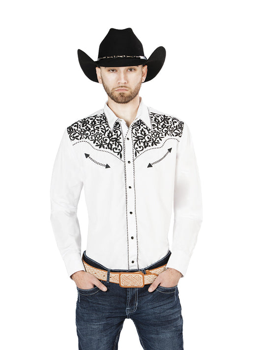 Camisa Vaquera de Hombre El Señor de los Cielos Manga Larga Bordada Casual en 65% Poliéster 35% Algodón Color Blanco/Negro 44194