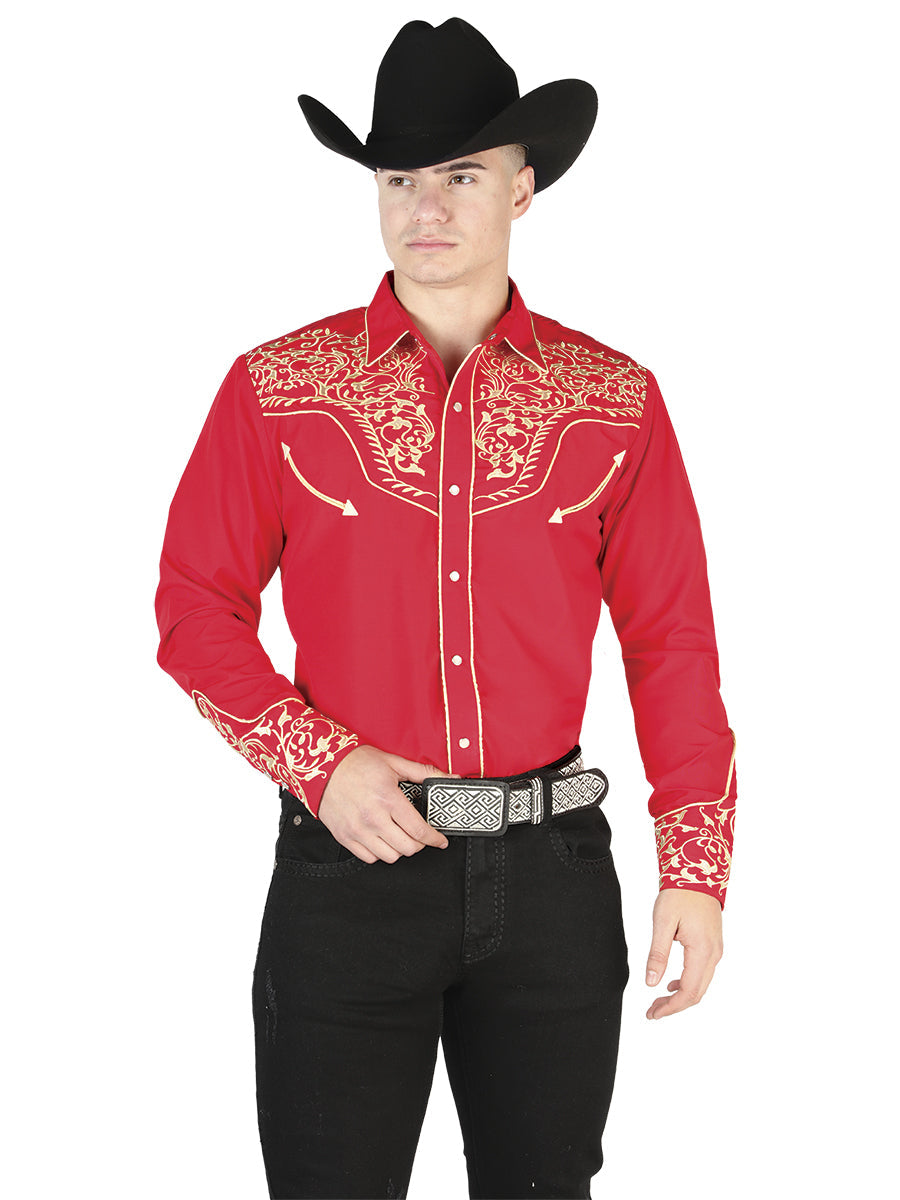 Camisa Manga Larga El General Bordado Vaquero Rojo/Dorado