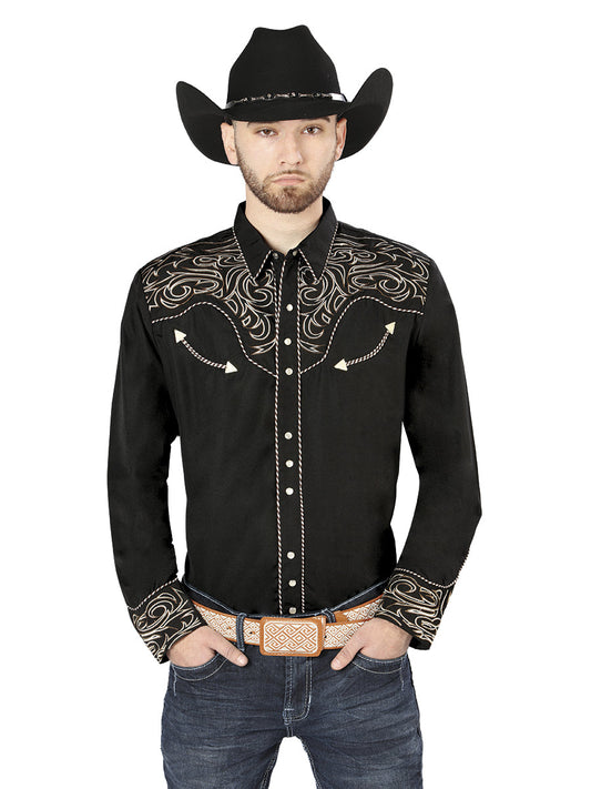 Camisa Vaquera de Hombre El Señor de los Cielos Manga Larga Bordada Casual en 65% Poliéster 35% Algodón Color Negro/Dorado 44198