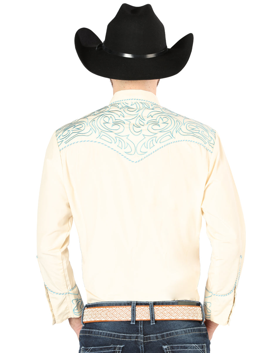 Camisa Manga Larga El General Bordado Vaquero Beige/Azul
