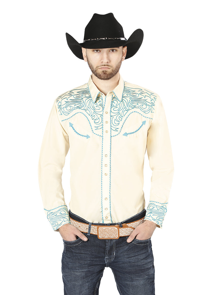 Camisa Manga Larga El General Bordado Vaquero Beige/Azul