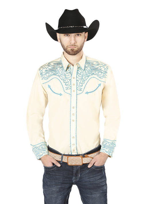 Camisa Vaquera de Hombre El Señor de los Cielos Manga Larga Bordada Casual en 65% Poliéster 35% Algodón Color Beige/Azul 44199