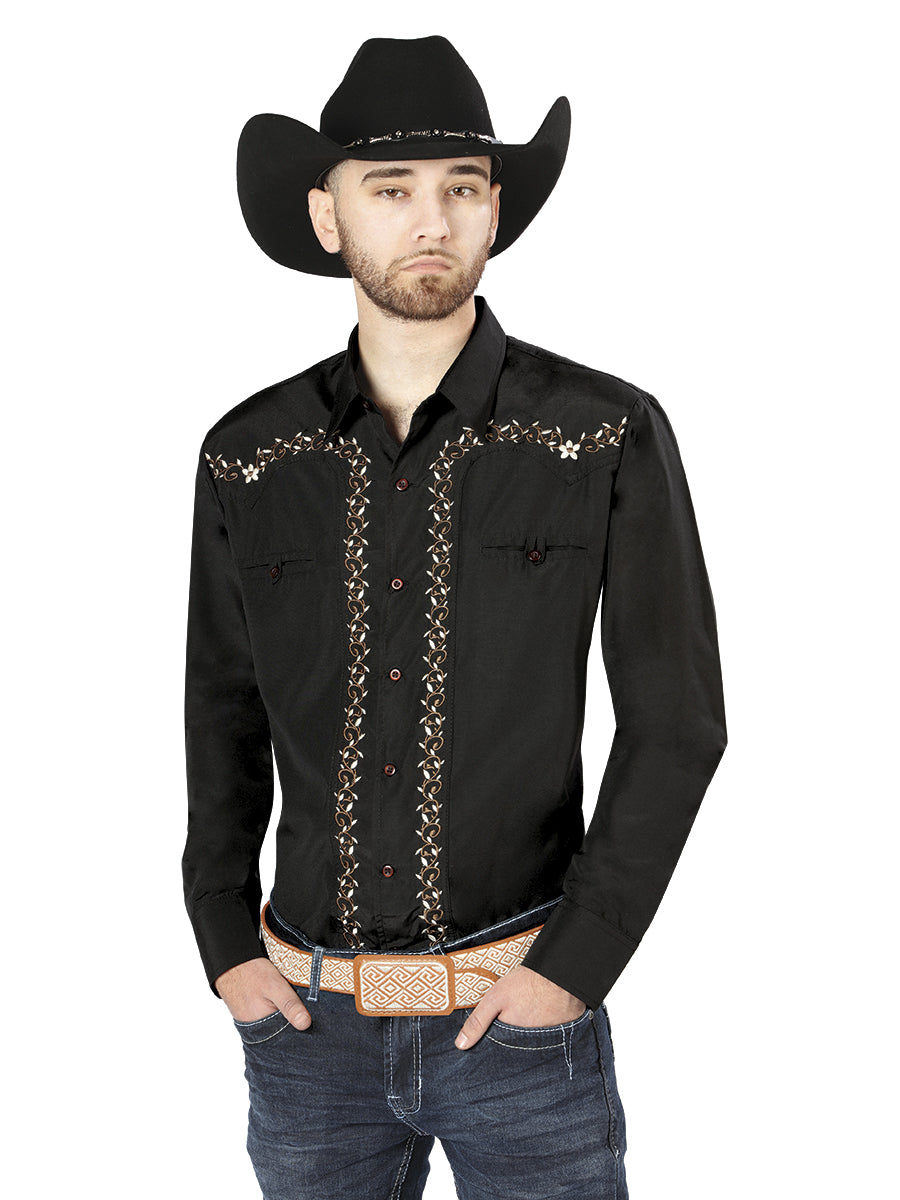 Camisa Manga Larga El General Bordado Vaquero Negro/Dorado