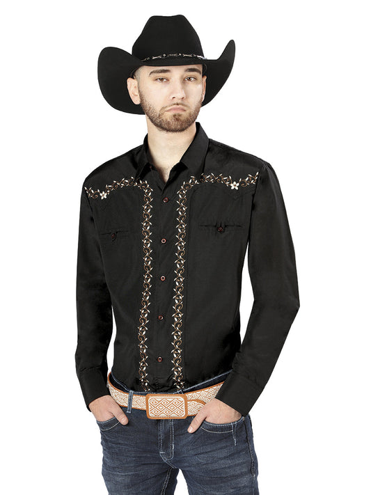 Camisa Vaquera de Hombre El Señor de los Cielos Manga Larga Bordada Casual en 65% Poliéster 35% Algodón Color Negro/Dorado 44200