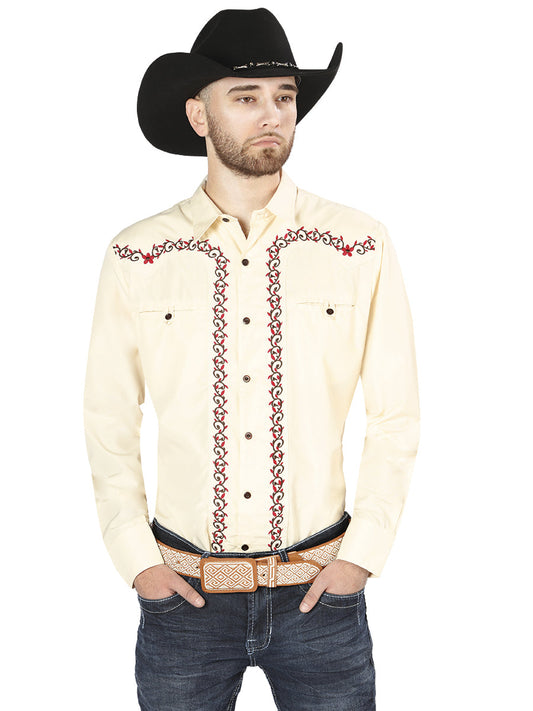 Camisa Vaquera de Hombre El Señor de los Cielos Manga Larga Bordada Casual en 65% Poliéster 35% Algodón Color Beige/Rojo 44201