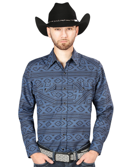Camisa Vaquera de Hombre El Señor de los Cielos Manga Larga Broche Casual en 65% Poliéster 35% Algodón Color Azul Marino 44204