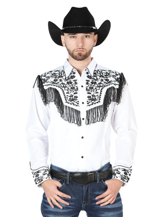 Camisa Vaquera de Hombre El Señor de los Cielos Manga Larga Bordada Casual en 65% Poliéster 35% Algodón Color Blanco/Negro 44223