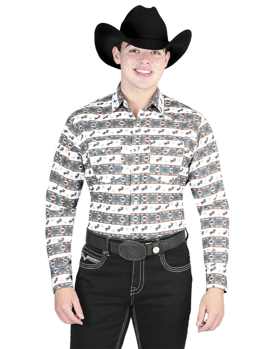 Camisa Vaquera de Hombre El General Manga Larga Broche Casual en 65% Poliéster 35% Algodón Color Blanco/Verde 44322