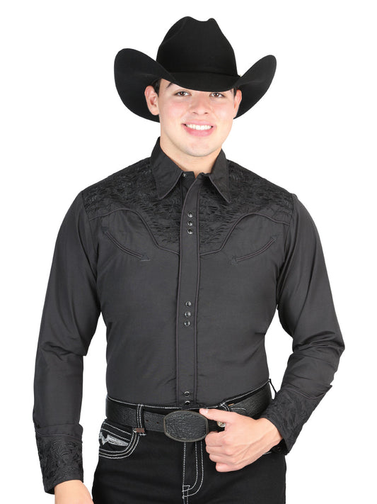 Camisa Vaquera de Hombre El Señor de los Cielos Manga Larga Bordada Casual en 65% Poliéster 35% Algodón Color Negro 44331