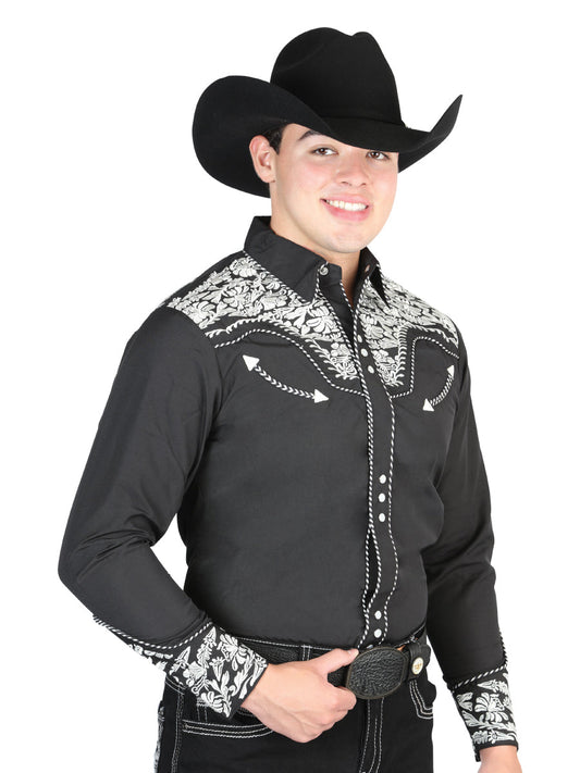 Camisa Vaquera de Hombre El Señor de los Cielos Manga Larga Bordada Casual en 65% Poliéster 35% Algodón Color Negro/Plata 44333