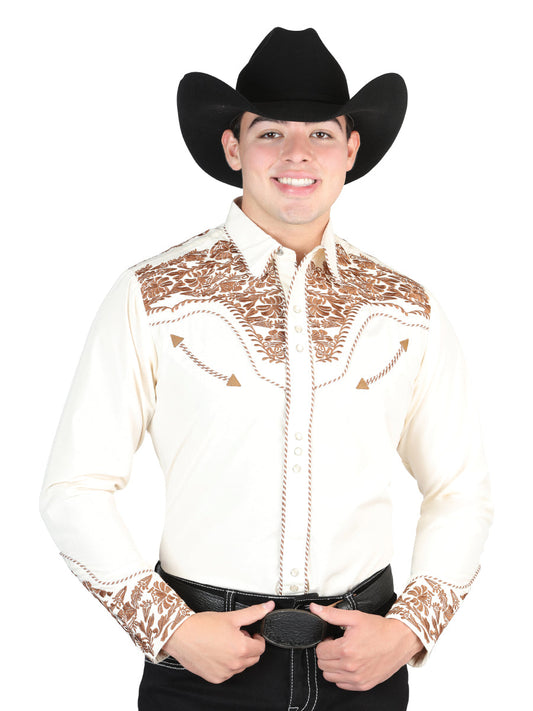 Camisa Vaquera de Hombre El Señor de los Cielos Manga Larga Bordada Casual en 65% Poliéster 35% Algodón Color Beige/Camel 44336
