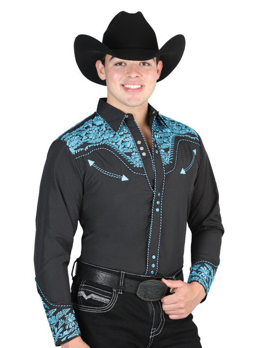 Camisa Vaquera de Hombre El Señor de los Cielos Manga Larga Bordada Casual en 65% Poliéster 35% Algodón Color Negro/Azul 44337