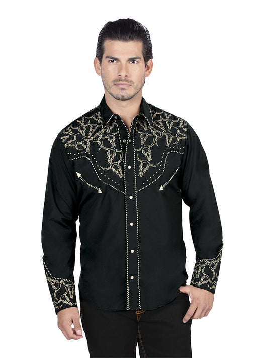 Camisa Vaquera de Hombre El Señor de los Cielos Manga Larga Bordada Casual en 65% Poliéster 35% Algodón Color Negro/Dorado 44338