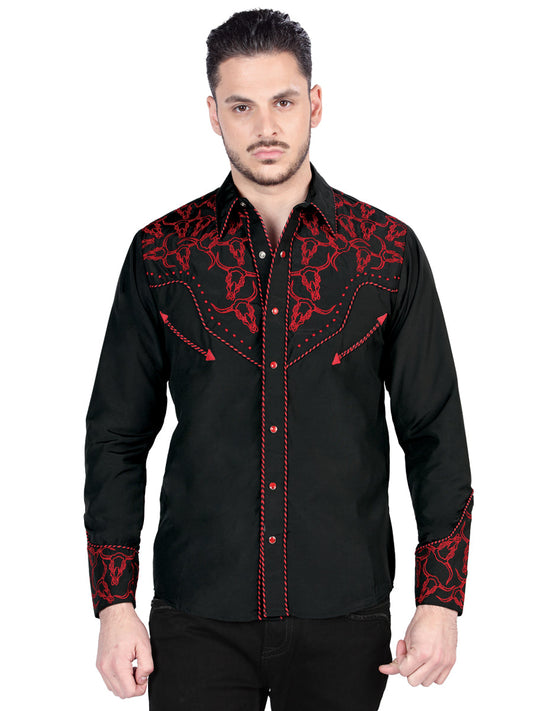 Camisa Vaquera de Hombre El Señor de los Cielos Manga Larga Bordada Casual en 65% Poliéster 35% Algodón Color Negro/Rojo 44339