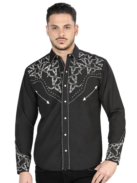 Camisa Vaquera de Hombre El Señor de los Cielos Manga Larga Bordada Casual en 65% Poliéster 35% Algodón Color Negro/Plata 44340