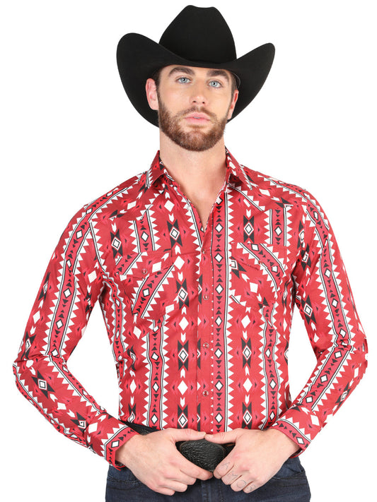Camisa Vaquera de Hombre El Señor de los Cielos Manga Larga Broche Casual en 97% Algodón 3% Lycra Color Rojo 44401