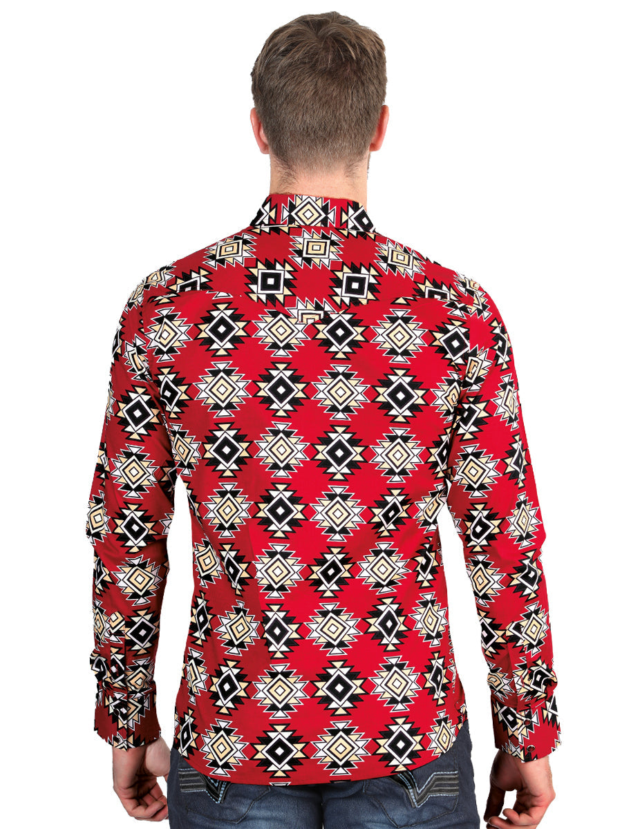 Camisa Vaquera de Hombre El Señor de los Cielos Manga Larga Broche Casual en 97% Algodón 3% Lycra Color Rojo 44404