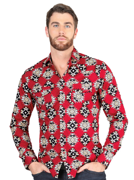 Camisa Vaquera de Hombre El Señor de los Cielos Manga Larga Broche Casual en 97% Algodón 3% Lycra Color Rojo 44404