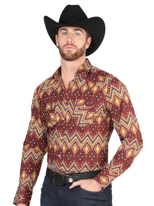 Camisa Vaquera de Hombre El Señor de los Cielos Manga Larga Broche Casual en 97% Algodón 3% Lycra Color Vino 44430
