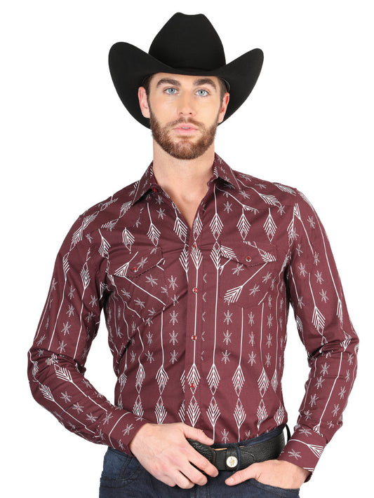 Camisa Vaquera de Hombre El Señor de los Cielos Manga Larga Casual en 97% Algodón 3% Lycra Color Vino 44435