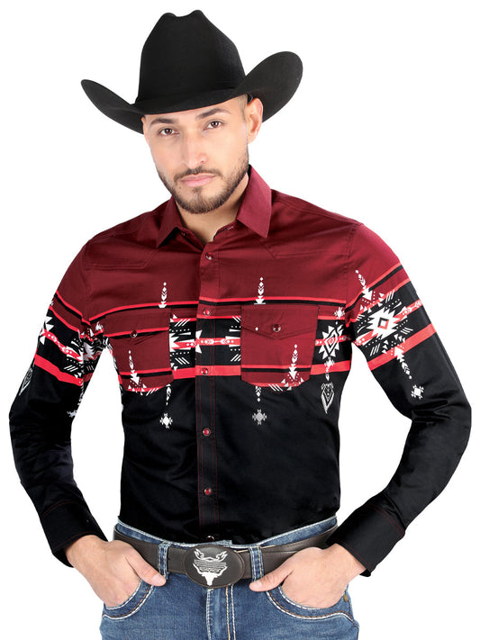 Camisa Vaquera de Hombre El Señor de los Cielos Manga Larga Broche Casual en 97% Algodón 3% Lycra Color Negro/Vino 44454
