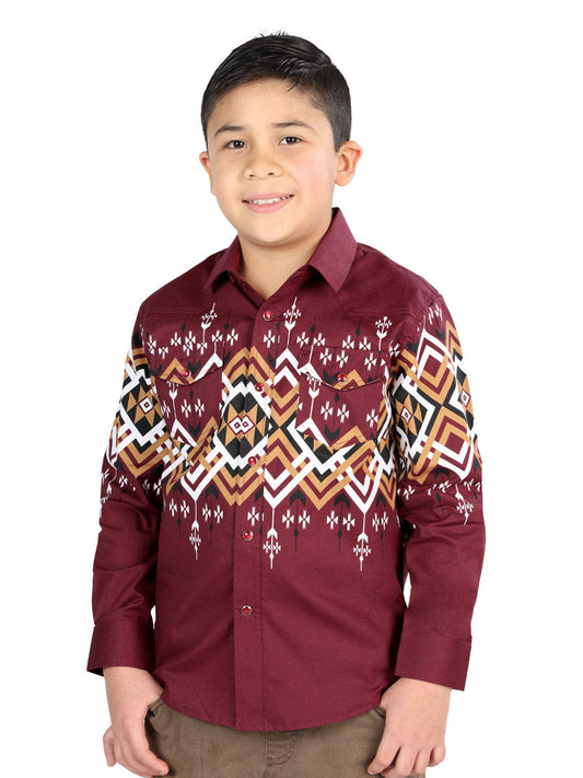 Camisa Vaquera de Niño El Señor de los Cielos Manga Larga Broche Casual en 97% Algodón 3% Lycra Color Vino 44465