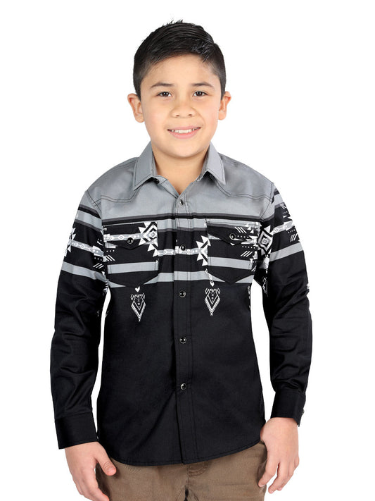 Camisa Vaquera de Niño El Señor de los Cielos Manga Larga Broche Casual en 97% Algodón 3% Lycra Color Negro/Gris 44467