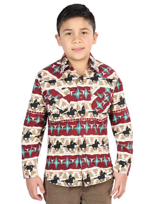 Camisa Vaquera de Niño El Señor de los Cielos Manga Larga Broche Casual en 97% Algodón 3% Lycra Color Vino 44492