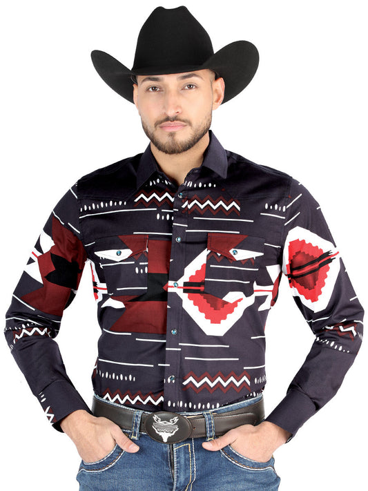 Camisa Vaquera de Hombre El Señor de los Cielos Manga Larga Broche Casual en 97% Algodón 3% Lycra Color Negro/Vino 44498