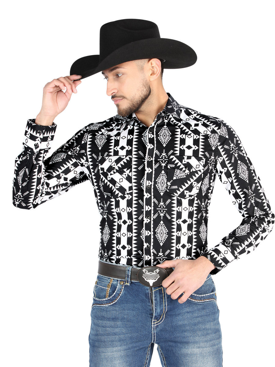 Camisa Vaquera de Hombre El Señor de los Cielos Manga Larga Broche Casual en 97% Algodón 3% Lycra Color Negro 44501