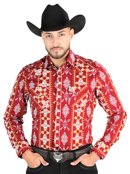 Camisa Vaquera de Hombre El Señor de los Cielos Manga Larga Broche Casual en 97% Algodón 3% Lycra Color Vino 44503