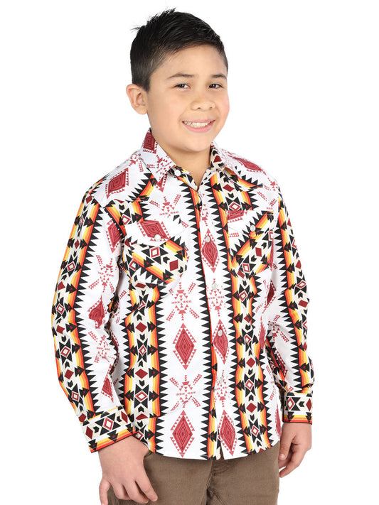 Camisa Vaquera de Niño El Señor de los Cielos Manga Larga Broche Casual en 97% Algodón 3% Lycra Color Blanco/Rojo 44508