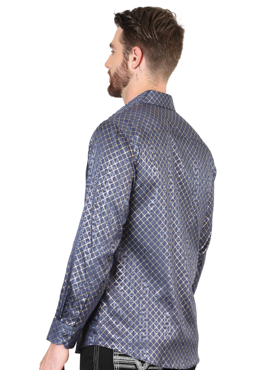 Camisa Vaquera de Hombre El Señor de los Cielos Manga Larga Casual en 97% Poliéster 3% Spandex Color Azul/Oro 44551