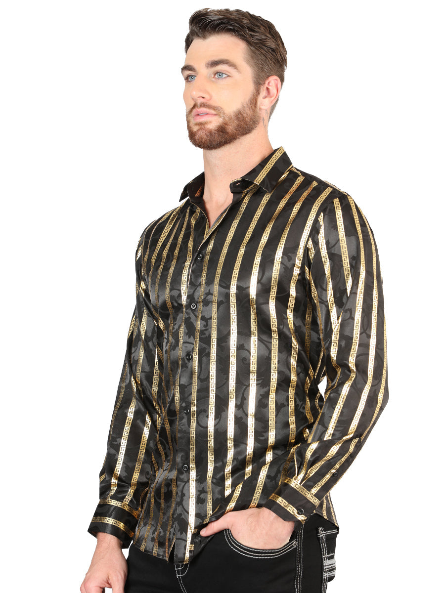 Camisa Vaquera de Hombre El Señor de los Cielos Manga Larga Casual en 97% Poliéster 3% Spandex Color Gris/Oro 44554